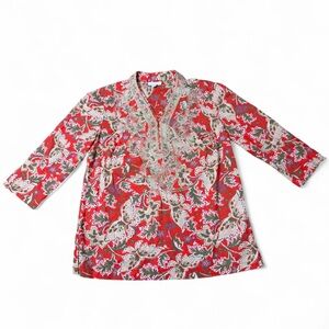 Charter Club Floral Coral 100% Cotton Boho Paisley Blouse Size Medium